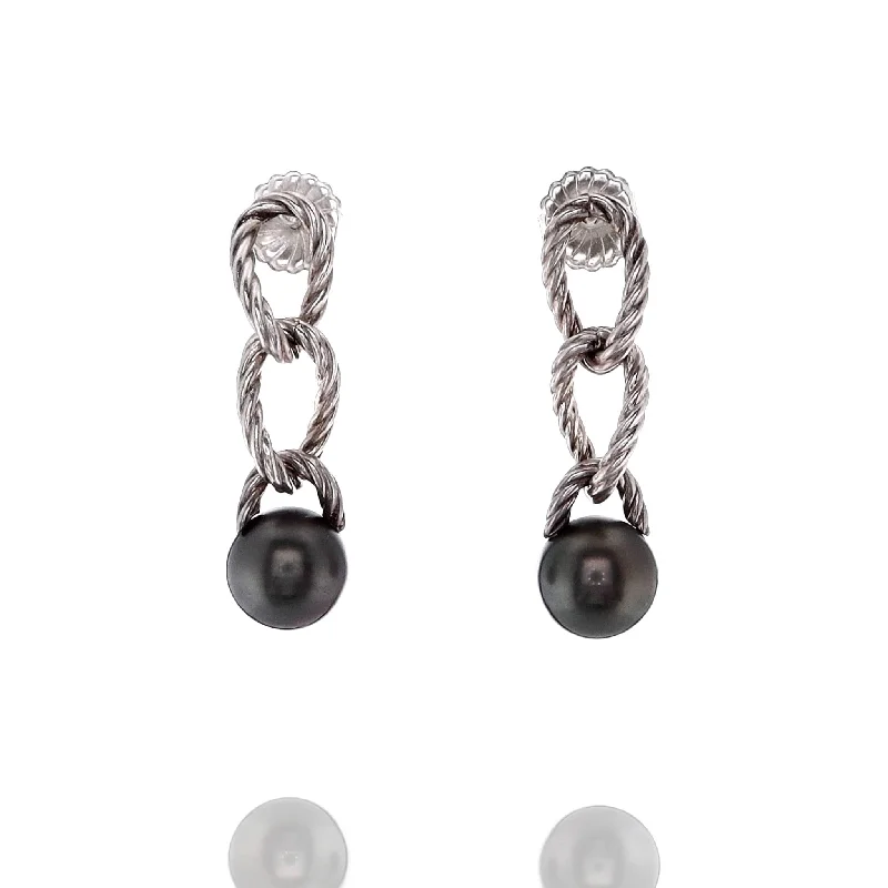 Estate David Yurman Sterling Silver Tahitian Pearl Cable Drop Earrings