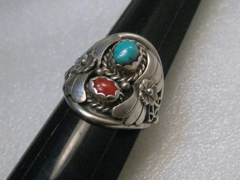 Southwestern Sterling Turquoise Coral Men's Ring, Vintage, Size 13, 11.28 gr., 1970's