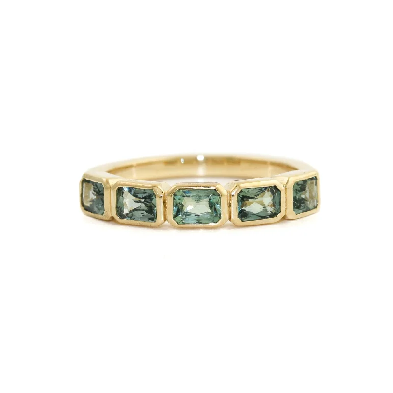 14K Gold Emerald-Cut Teal Sapphire Bezel-Set Band