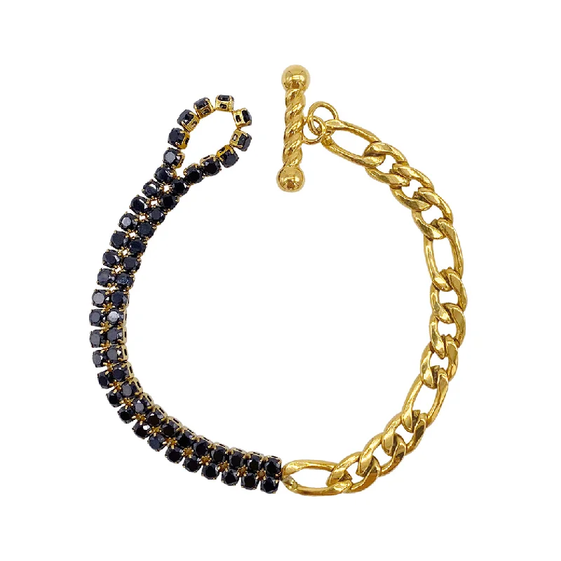 Tarnish Resistant 14k Gold Plated Half and Half Figaro and Black Crystal Toggle Bracelet