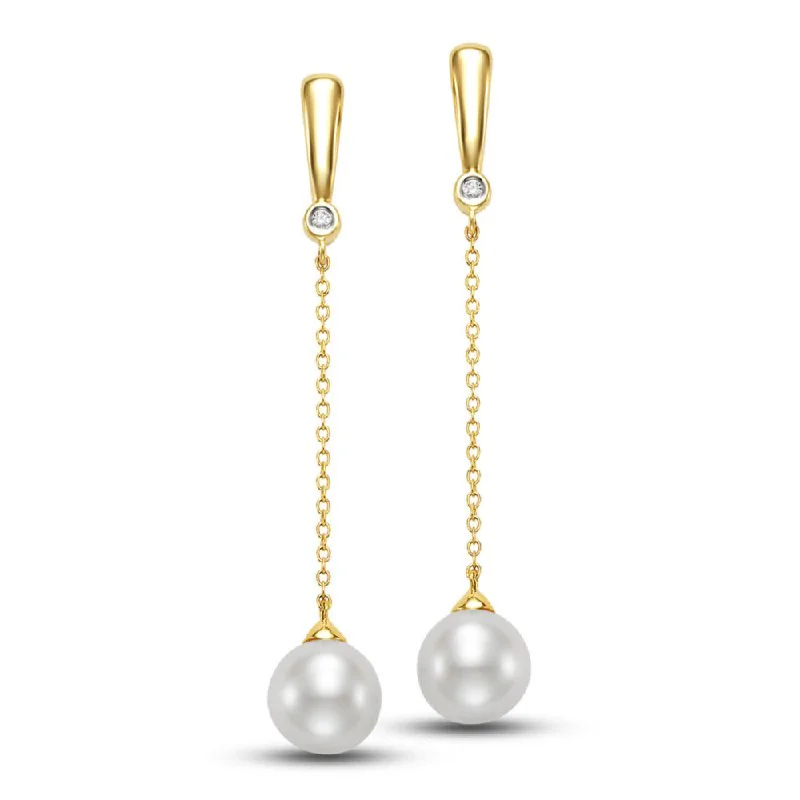 14k Freshwater Pearl Diamond Bezel Drop Earrings