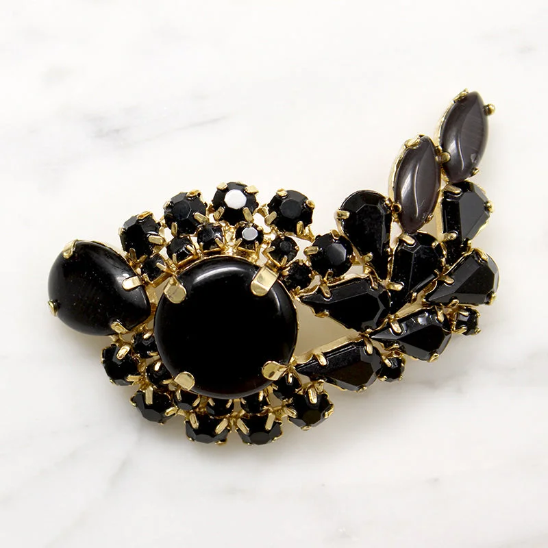 Bold Flourish Black & Gold Costume Brooch