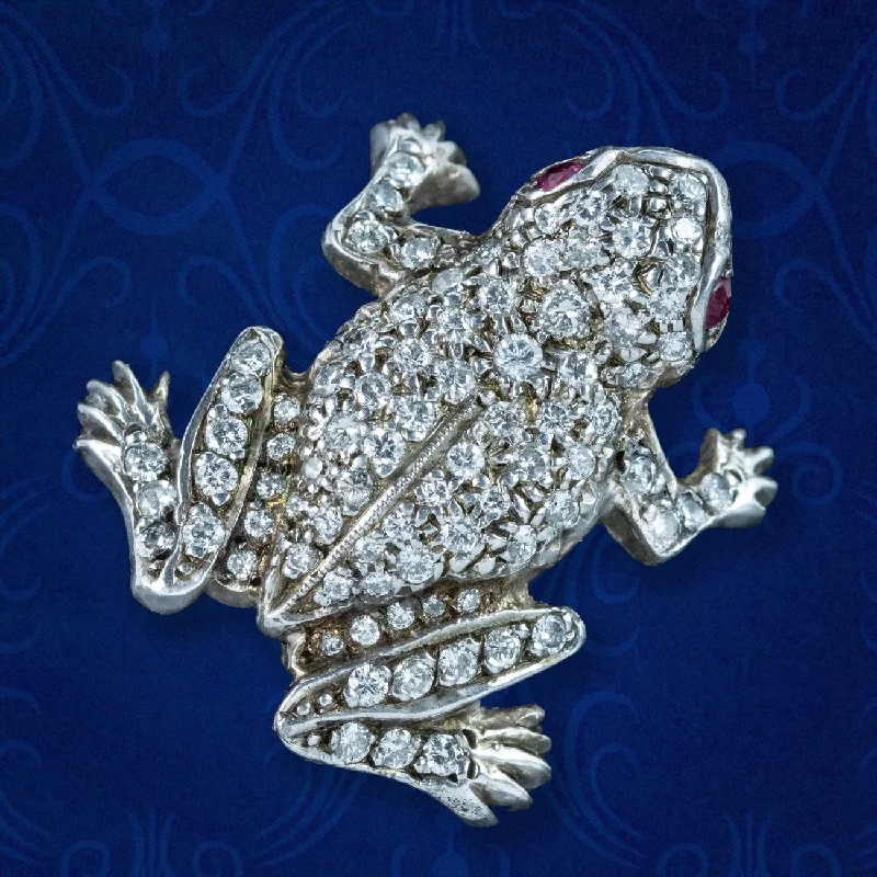 Vintage Diamond Frog Brooch Ruby Eyes 1.5ct Diamond