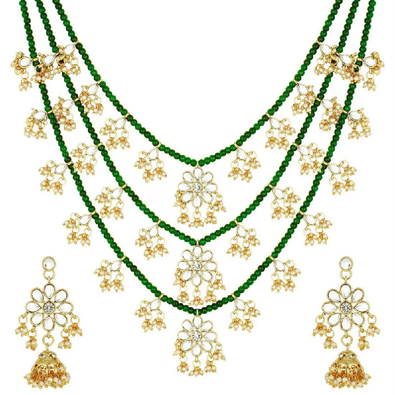 Etnico 3 Layered Multi Strand Floral Kundan & Pearl Beaded Necklace For Women/ Girls (M4094G)