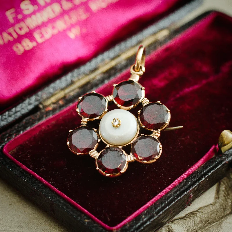 Georgian Flat-cut Garnet, Diamond & Natural Pearl Brooch/Pendant