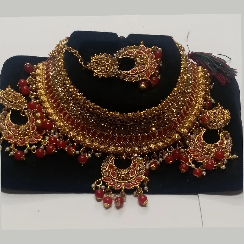 Kumavat Jewels Gold Plated Kundan Stone And Beads Traditional Choker Necklace Set with Maang Tikka