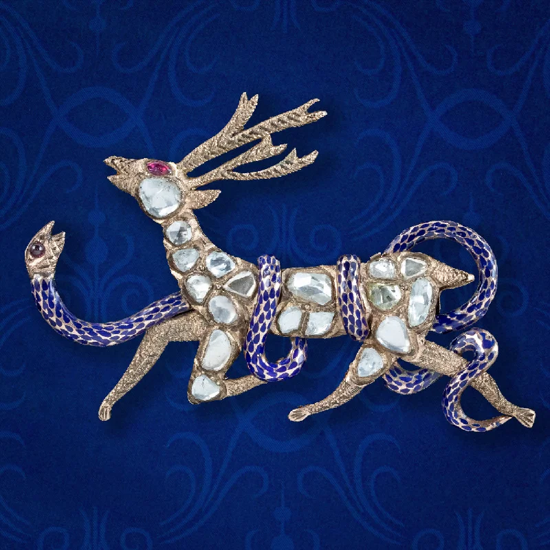 Antique Victorian French Diamond Stag And Snake Brooch 9ct Gold