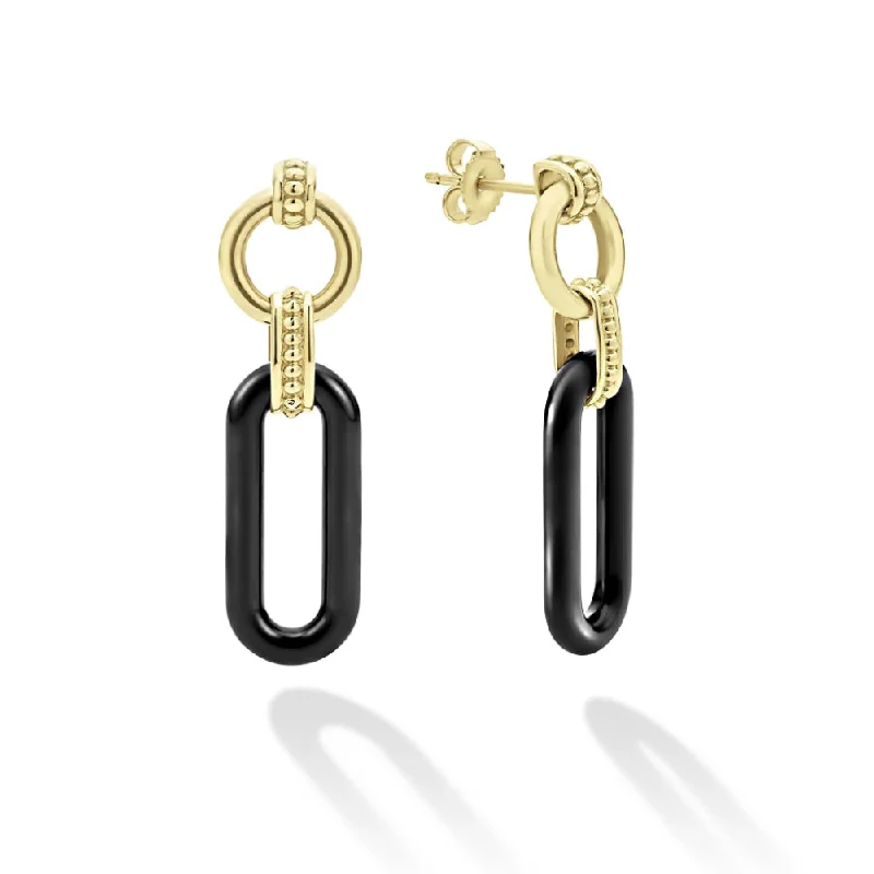 Lagos 18k Gold and Black Ceramic Link Drop Earrings