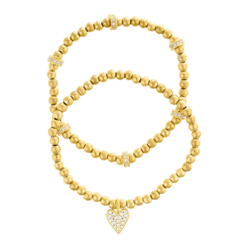 14k Gold Plated Pair of Bead Bracelets with Crystal Heart