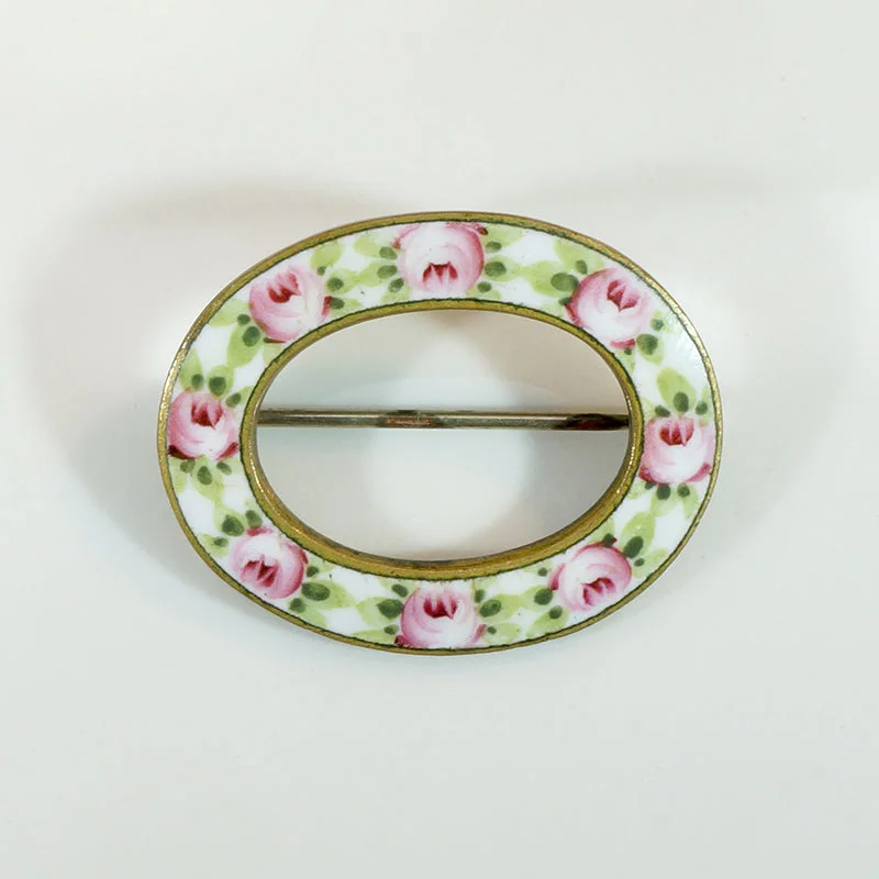 Pink & Green Rose Enameled Circle Brooch