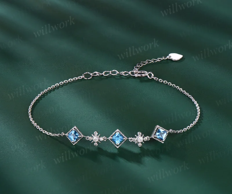 Milgrain Princess Cut Swiss blue topaz Bracelet Vintage 14k white Gold Five Stone Bracelet December Birthstone Bridal Bracelet