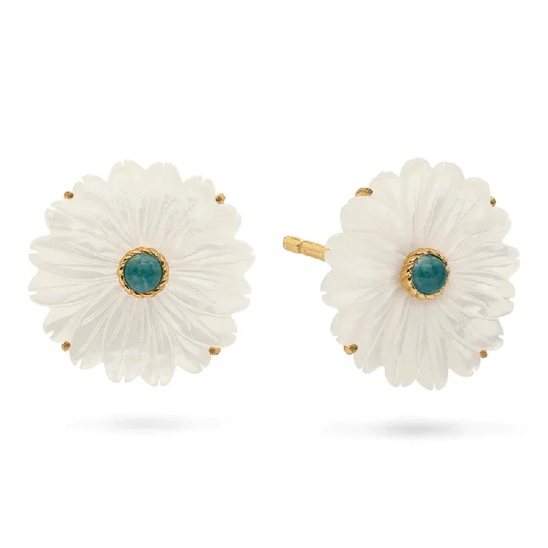 Capucine de Wulf Mermaid Garden Flower Stud Earrings In Mother of Pearl and Ocean Jade