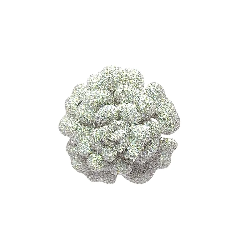 7.80 Carats Diamond Pave 18k White Gold Flower Brooch-Pendant