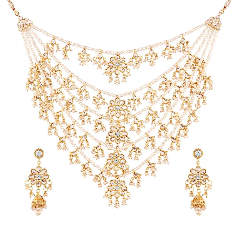 Etnico 18K Gold Plated Multi Strand Floral Kundan & Pearl Beaded Necklace Jewellery Set (M4080W)