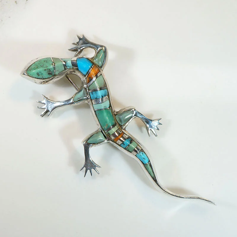 Wriggly Lizard Silver & Stone Inlay Brooch by D. Romero