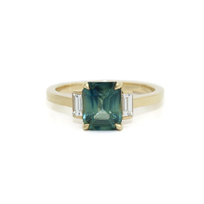 14k Gold x Teal Madagascan Sapphire & Baguette Diamond Ring