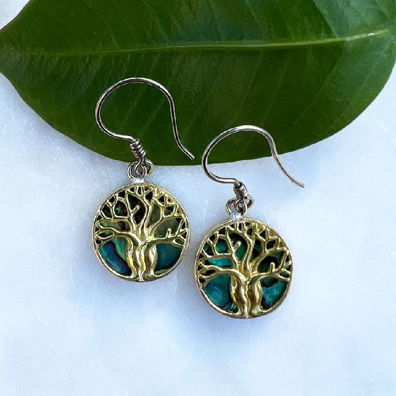 Abalone Tree of Life Earrings - Brass, Indonesia