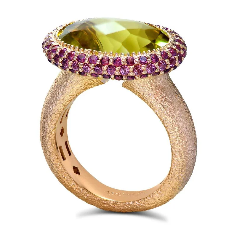 Gold Cocktail Ring with Lemon Citrine & Garnets