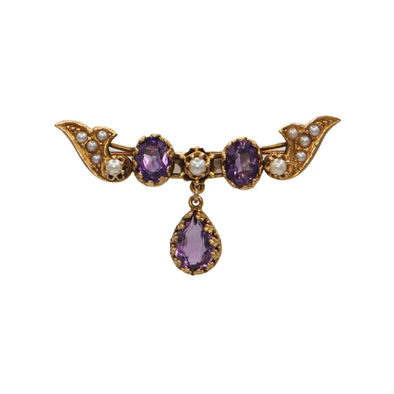 Vintage Amethyst and Pearl 14K Gold Brooch