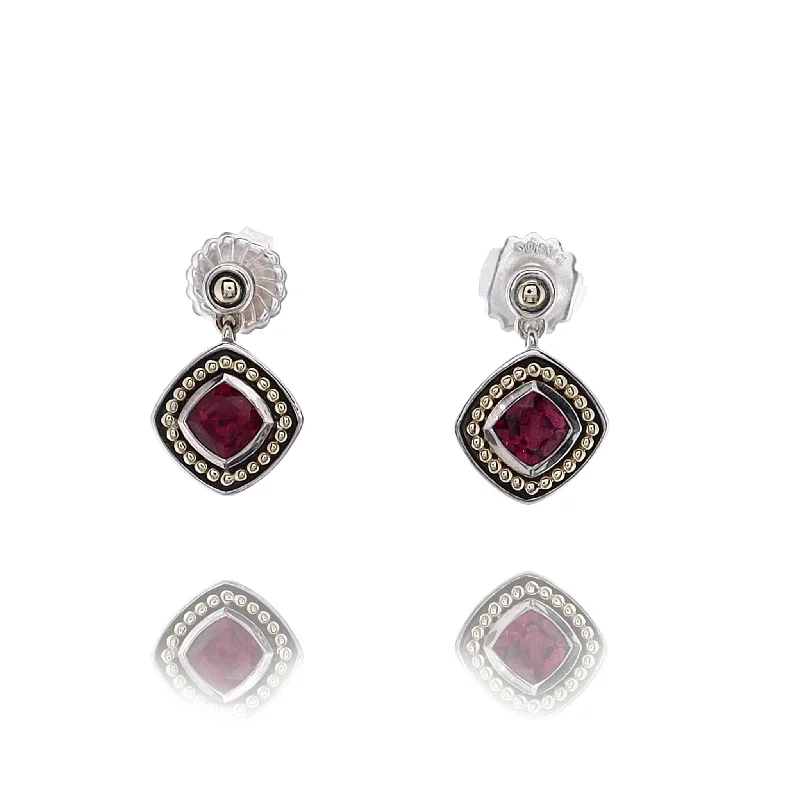 Estate Lagos Sterling Silver 6mm Bezel Set Faceted Rhodolite Garnet Drop Earrings