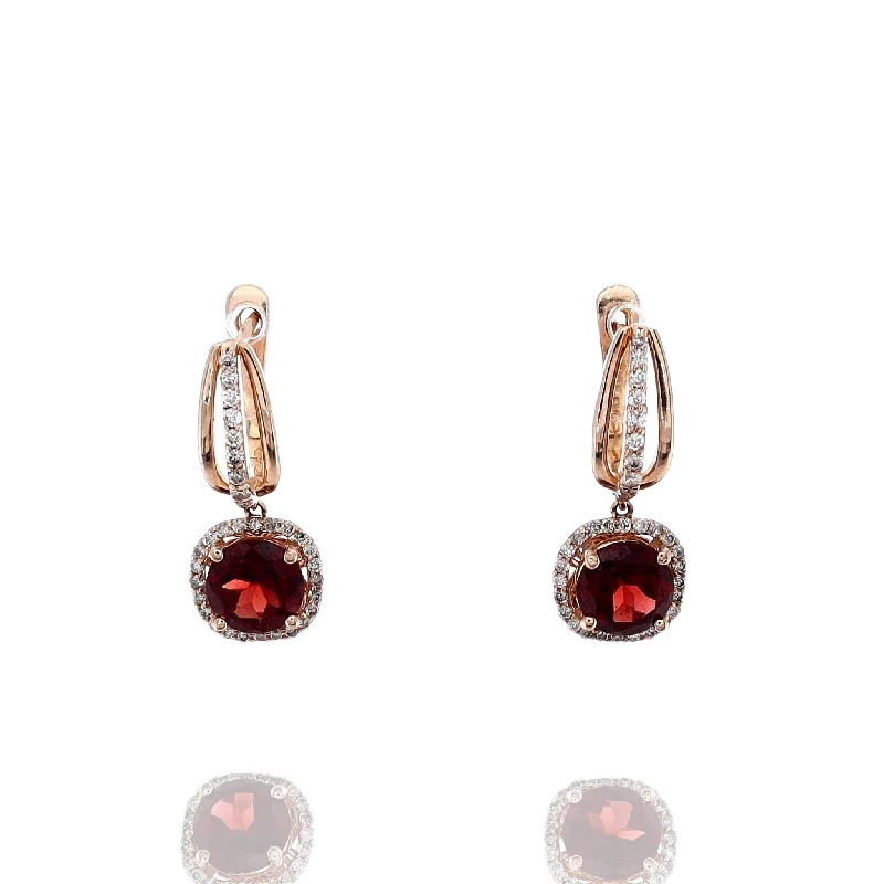 Estate 14k Rose Gold Round Garnet and Diamond Dangle Lever-back Earrings