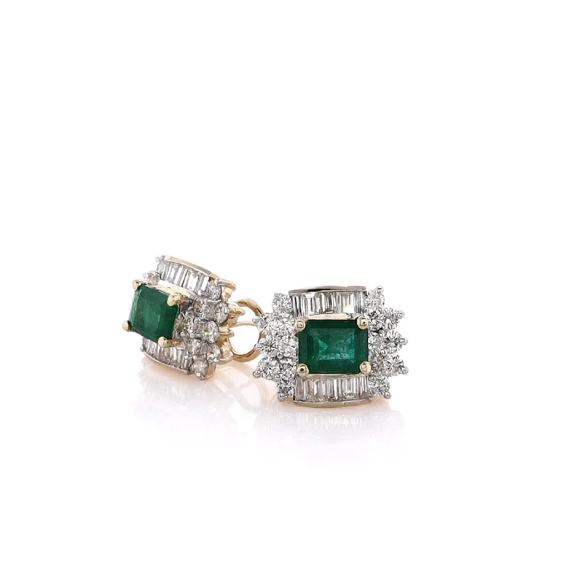 Estate 14 Karat Yellow Gold Emerald and Diamond Earrings