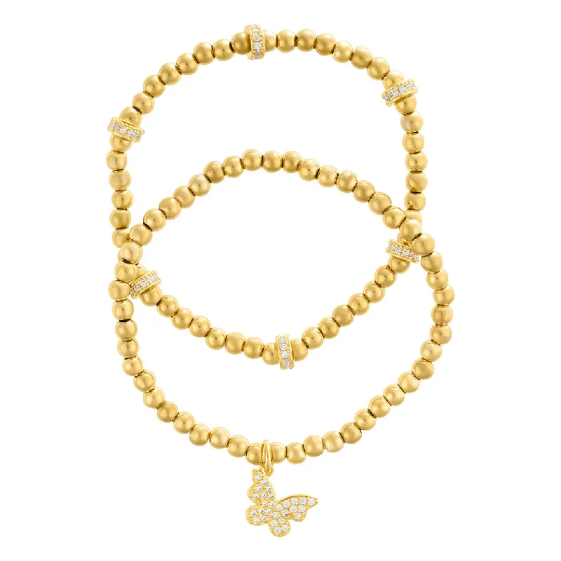 14k Gold Plated Pair of Bead Bracelets with Crystal Butterfly