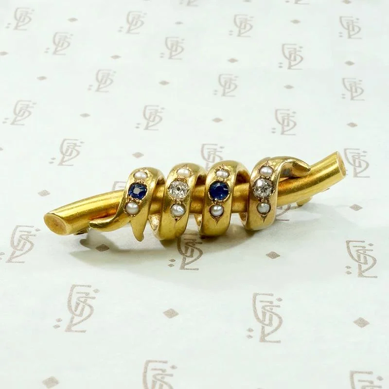 Curvy Serpentine 18k Brooch with Sapphire, Diamond & Pearl