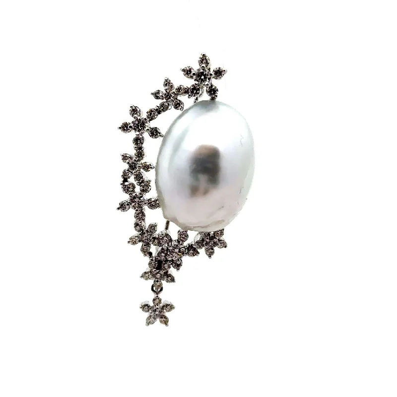 South Sea Baroque Pearl Diamond 18k & 14k White Gold Brooch-Pendant