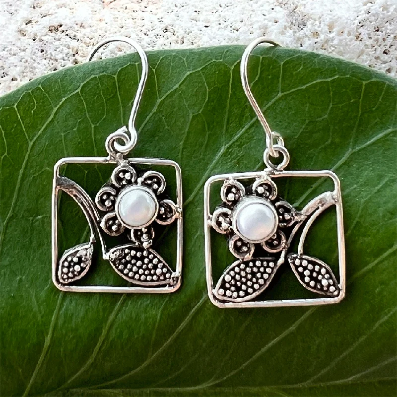 Flower Box Pearl Earrings - Sterling Silver, Indonesia