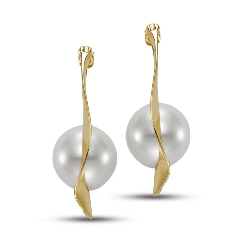 14k Gold Pearl in Wave Hoop Earrings