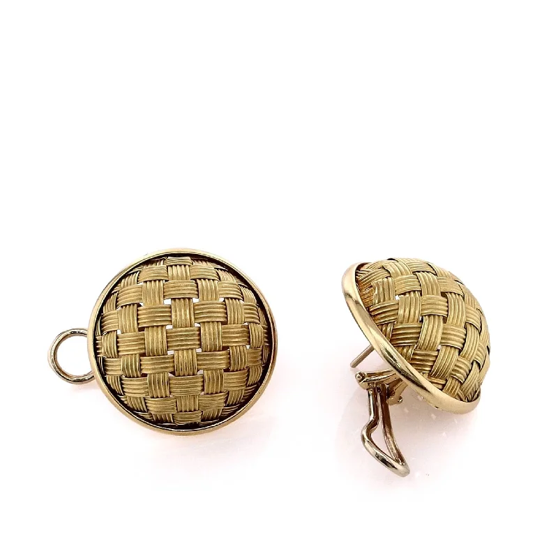 Estate 18k Yellow Gold Large Round Basket Weave Clip-On Earrings