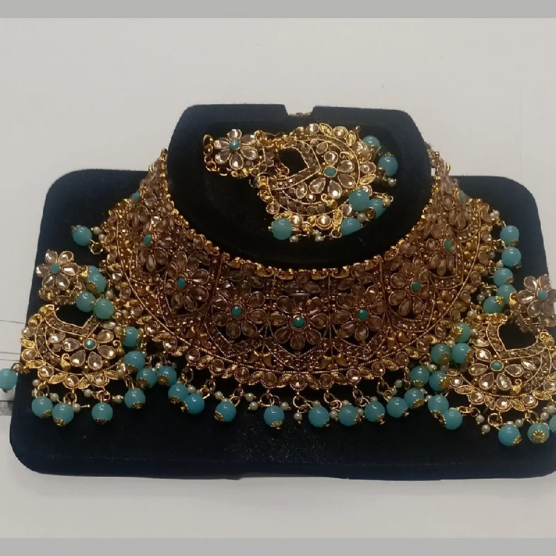 Kumavat Jewels Gold Plated Kundan Stone And Beads Traditional Choker Necklace Set with Maang Tikka