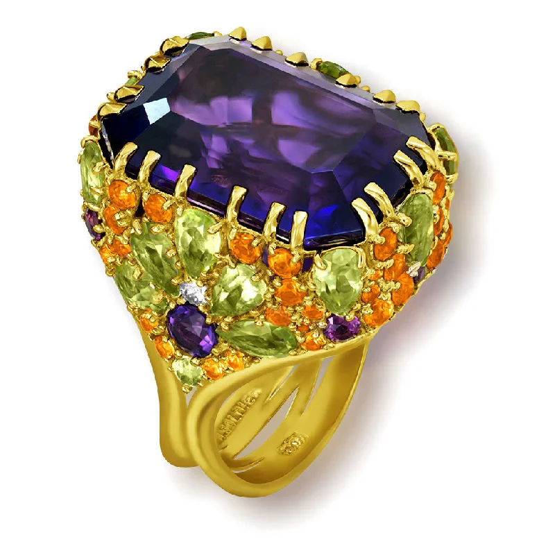 Gold Blossom Ring with Amethyst, Peridot & Diamonds