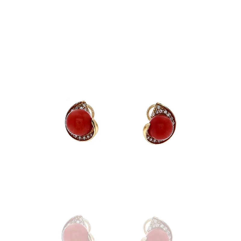 Estate 18k Yellow Gold Diamond Coral Bead Pierced/Clip Earrings