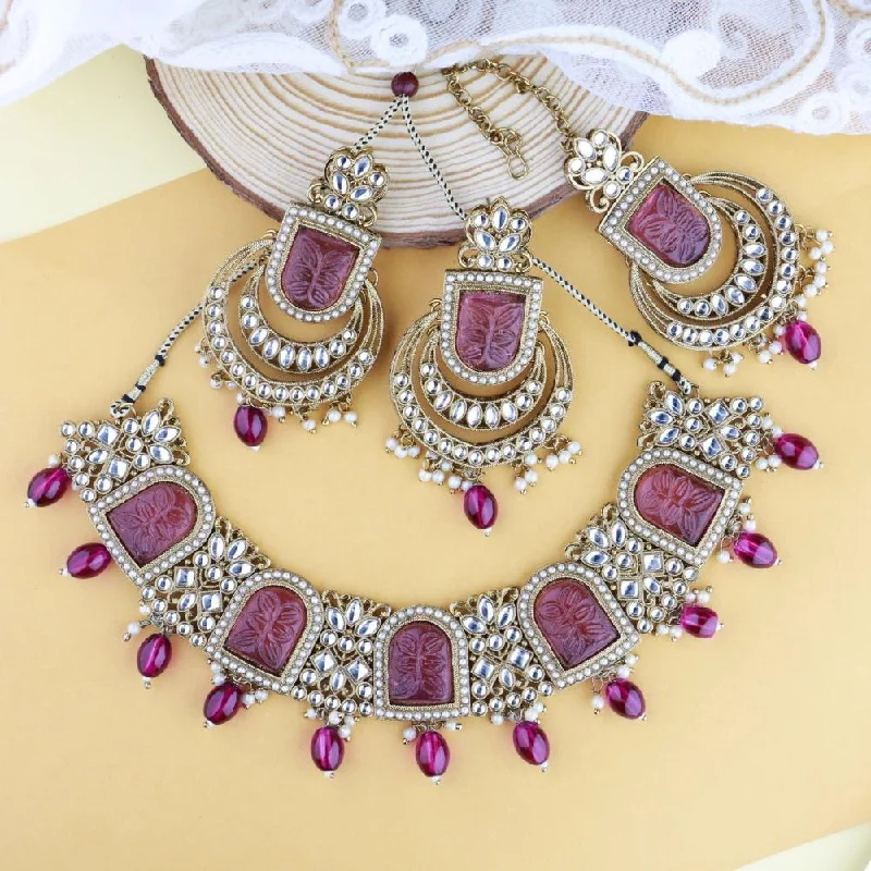 Etnico Gold Plated Traditional Pearl Kundan & Stone Studded Jewellery Necklace Set with Maang Tikka for Women (K7234Pu)