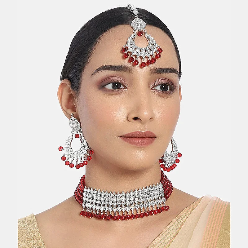 Etnico 18k Rhodium Plated Ethnic Indian Traditional Kundan & Pearl Choker Necklace Jewellery Set for Women (K7083ZM)