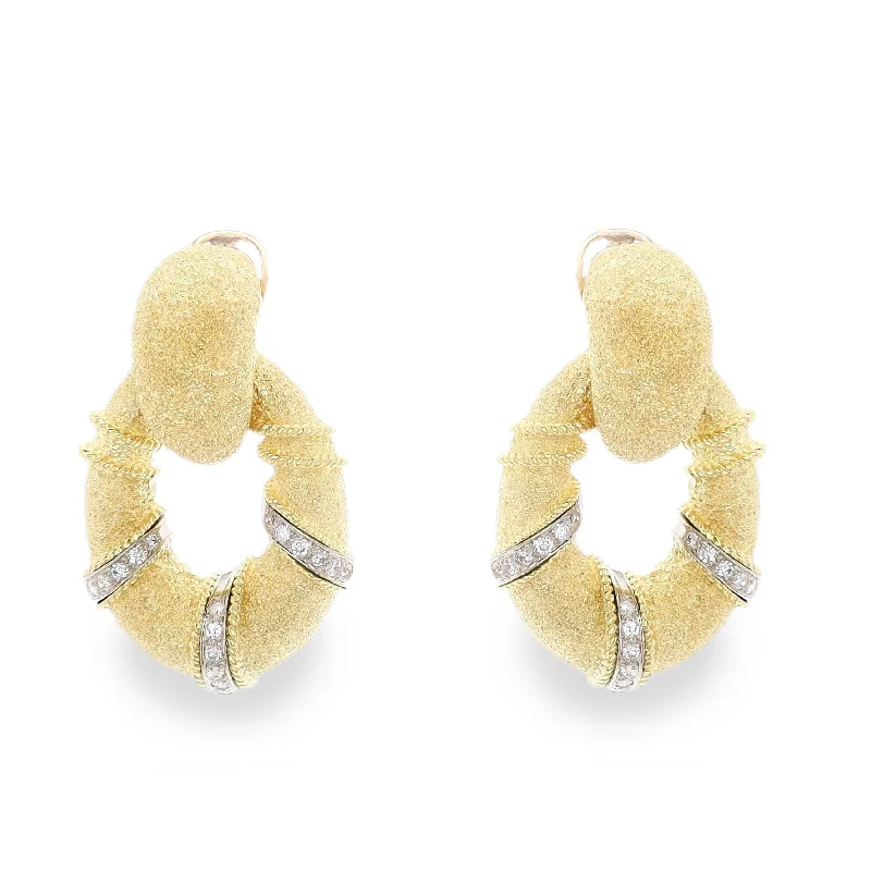 Estate 18k Yellow and White Gold Textured Door Knocker Diamond Earrings