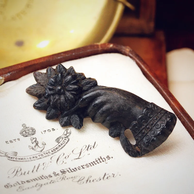 Pressed Horn Hand & Flower Brooch