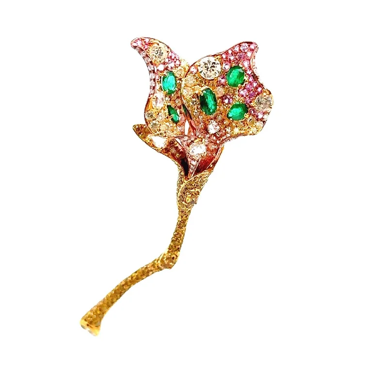 Diamond Emerald Sapphire 18K Yellow Gold Flower Brooch