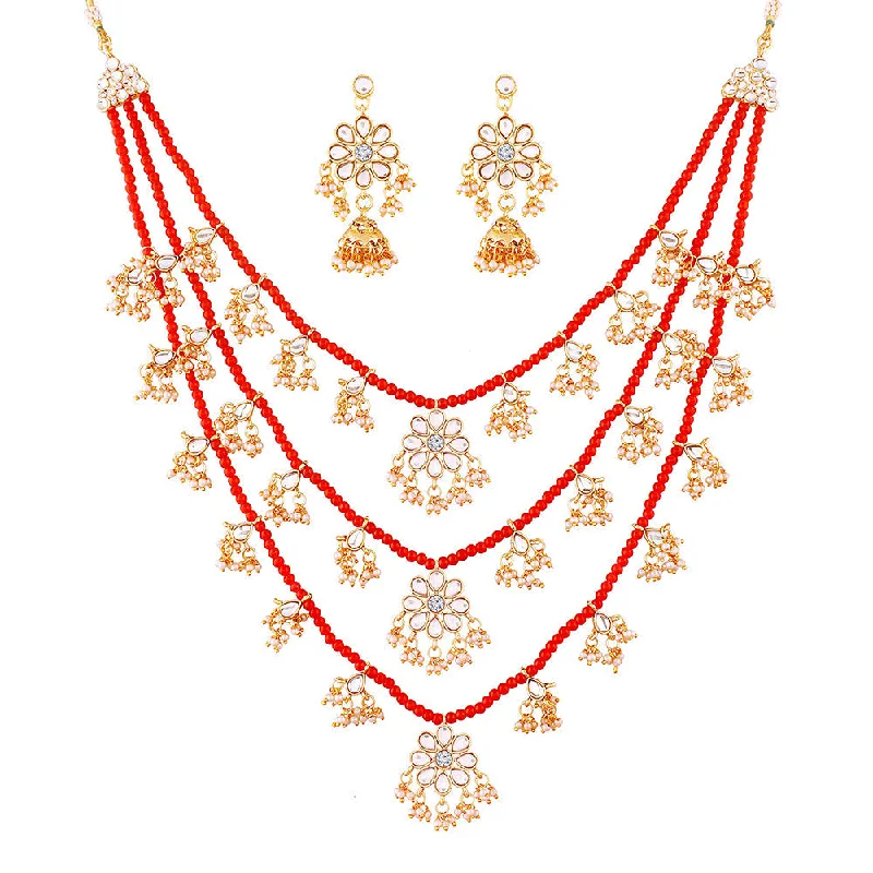 Etnico 3 Layered Multi Strand Floral Kundan & Pearl Beaded Necklace For Women/ Girls (M4094R)