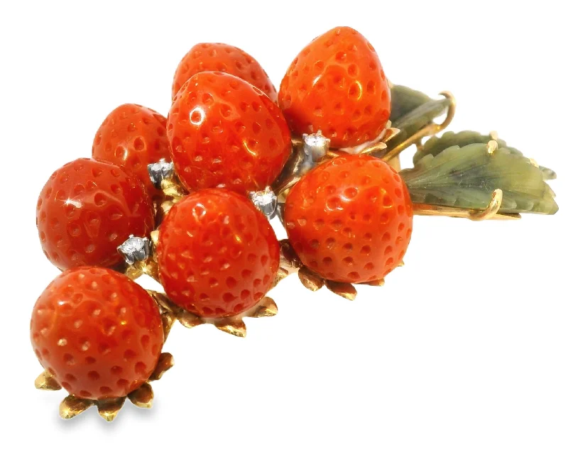 Rare 14K Gold Designer Carved Undyed Red Coral Strawberry Diamond Brooch Pendant