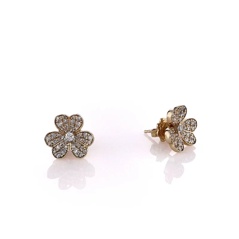 14k Yellow Gold Floral Clover Pave Stud Earrings