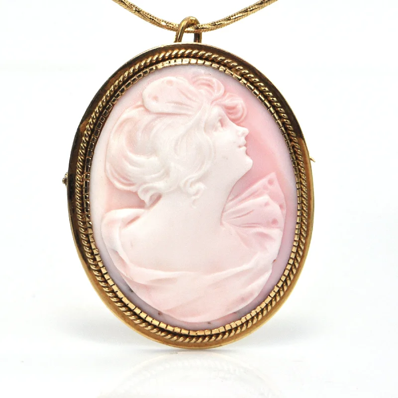 Vintage 18K Yellow Gold Shell Cameo Brooch/Pendant of Woman Looking Upwards