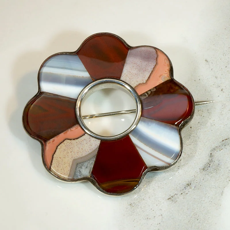 Vibrant Agate & Jasper Scottish Pebble Flower Brooch