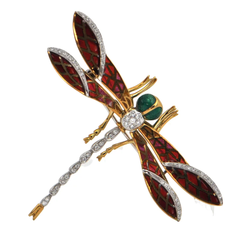 Vintage Diamond and Enamel 18k Gold Dragonfly Brooch 'Italy'