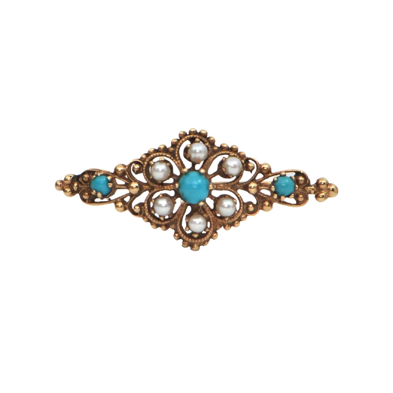 Early 1940's Turquoise & Seed Pearl Brooch in 14k Yellow Gold