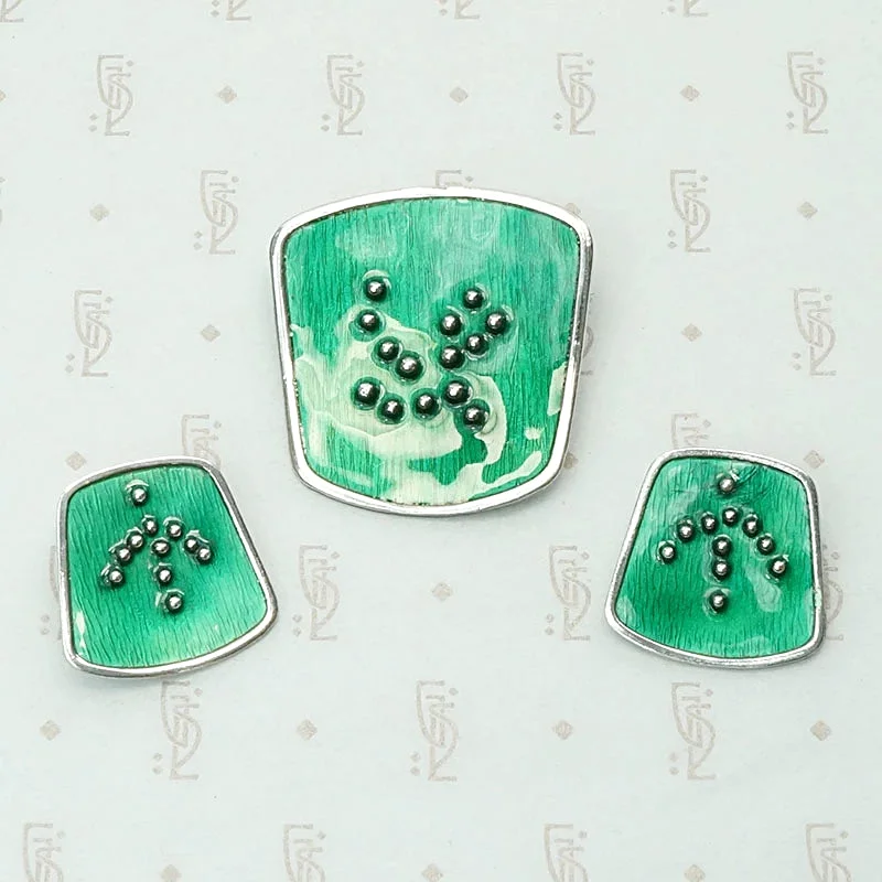 Green Enamel Silver Brooch & Earring Set by KAS