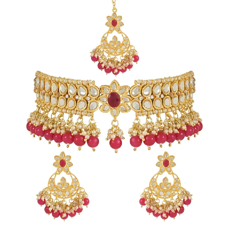 Etnico Gold Plated Traditional Pearl Kundan Studded Choker Jewellery Necklace Set with Maang Tikka for Women (K7242Q)