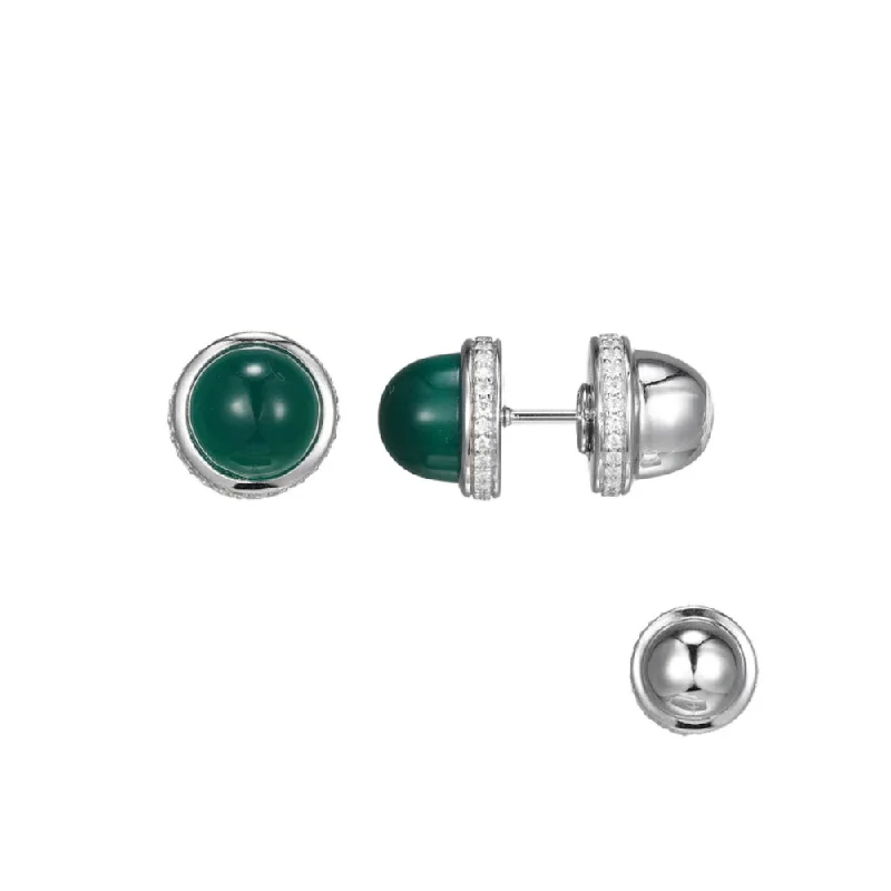 Elle Sterling Silver "Pivot" Green Agate Cabochon Stud Earrings